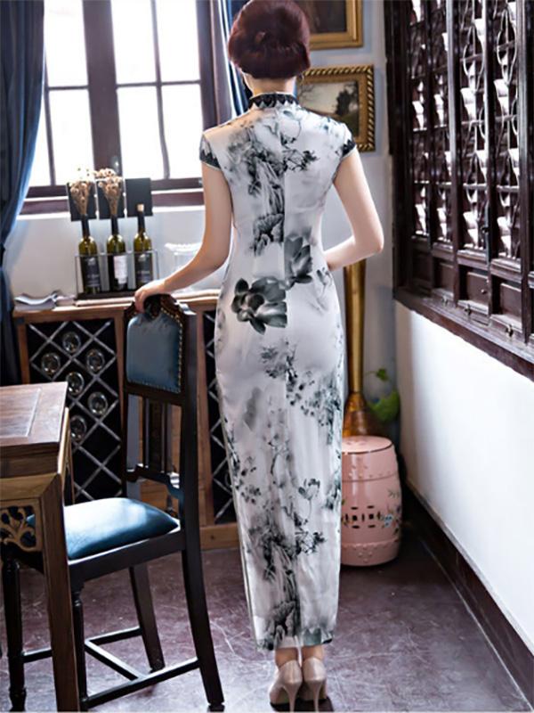 Lacy Ink&Lotus Print Long Cheongsam Dress