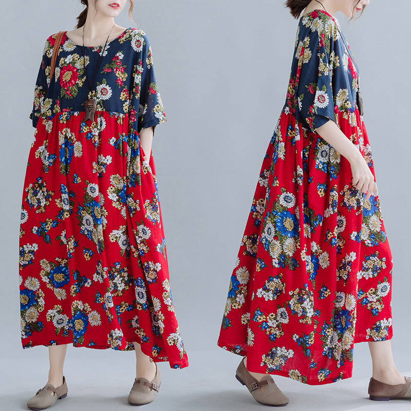 LOOSE FLOWER PRINT SPLIT-JOINT MAXI DRESS