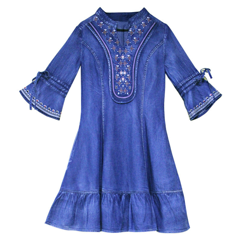 Ruffle hem denim skirt retro embroidery dress