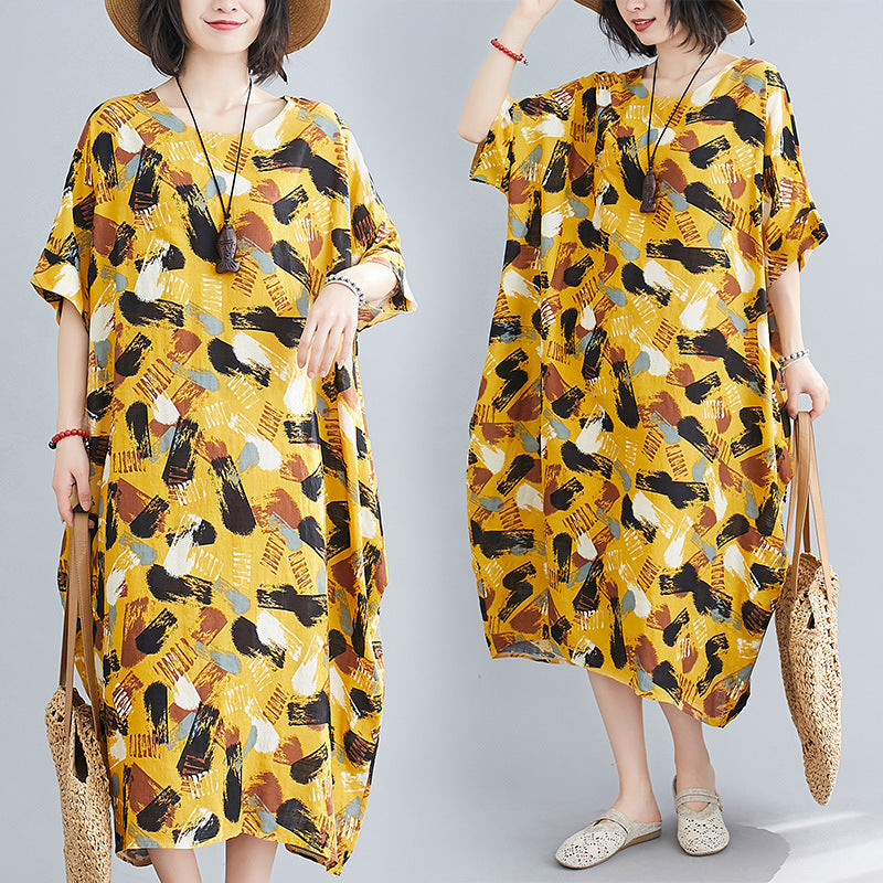 LOOSE COMFORTABLE COTTON YELLOW DRESS