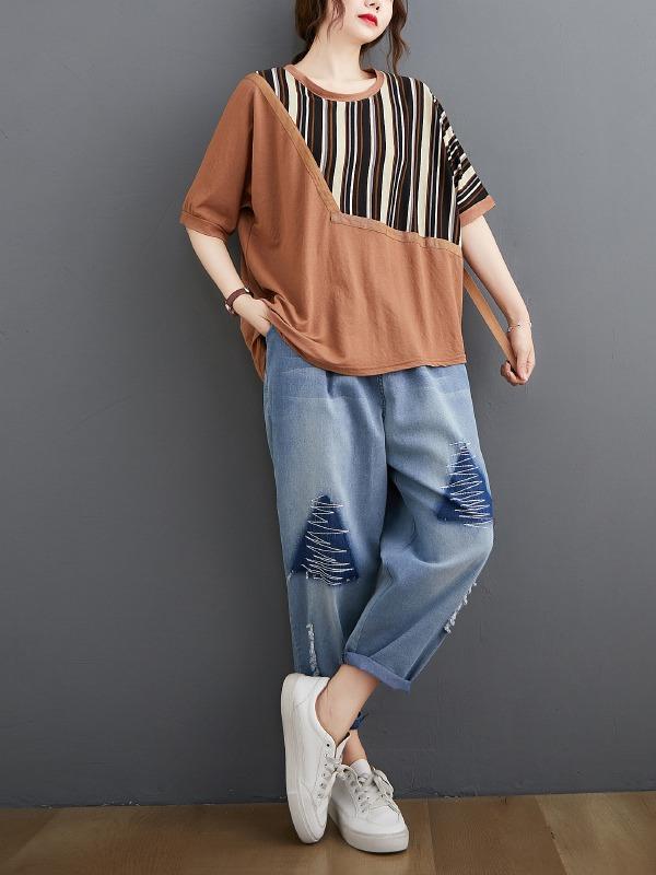 Casual Split-Joint Striped T-Shirts