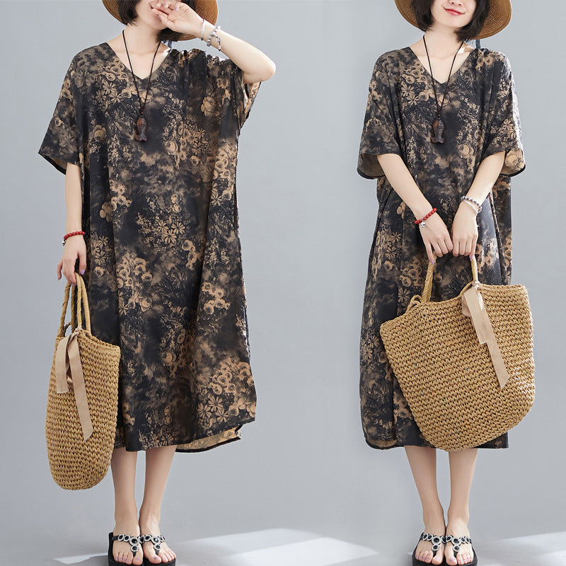 PLUS SIZE LOOSE PRINTED V-NECK MIDI DRESS