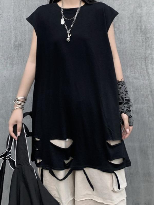 Casual Hollow Round-Neck Cap Sleevet-Shirt