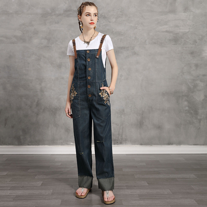 Summer denim slacks with retro embroidery casual Jumpsuit