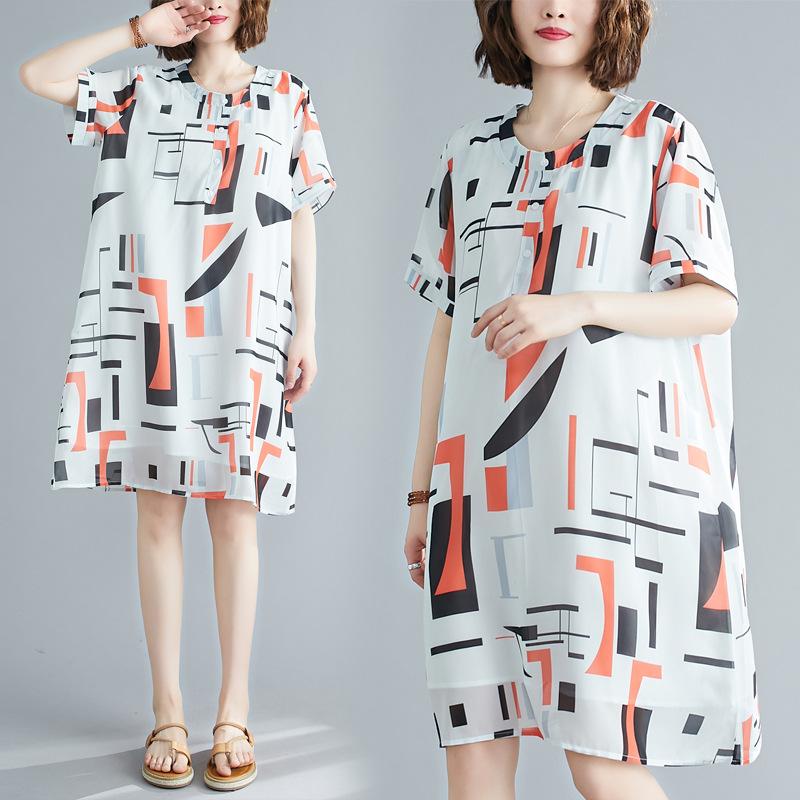 Loose Chiffon Printed Round-Neck Midi Dress