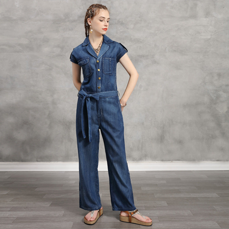 denim large size trousers retro embroidered high waist pants