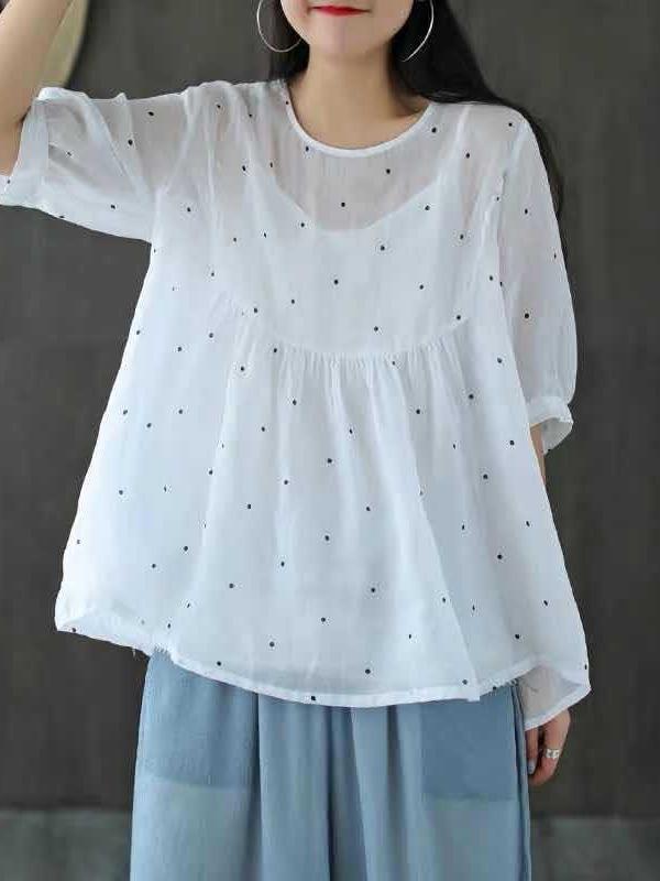 Vintage Loose Polka Dot Crew Neck Women's T-Shirt
