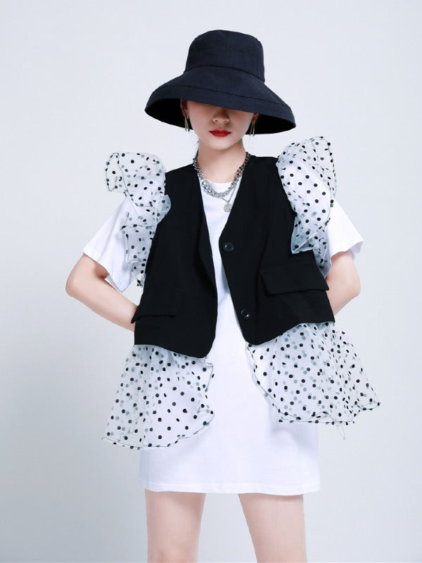 TWO-PIECES LACE CROCHET PANEL RUFFLE FALBALA WAISTCOAT &INNER DRESS