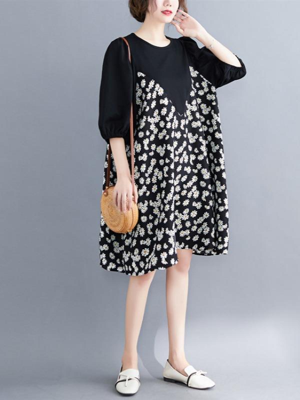 Plus Size Loose Daisy Print A-Line Midi Dress