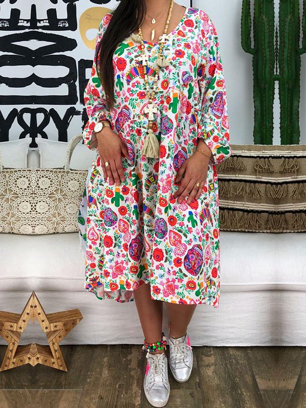 Plus Size Printed Long Sleeve Midi Dress