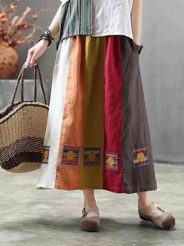 Retro Split-joint Linen Skirt