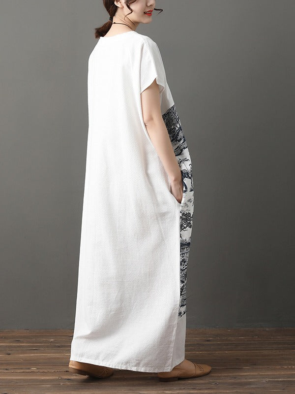 LOOSE NATIONAL INK PRINED COTTON LONG DRESS