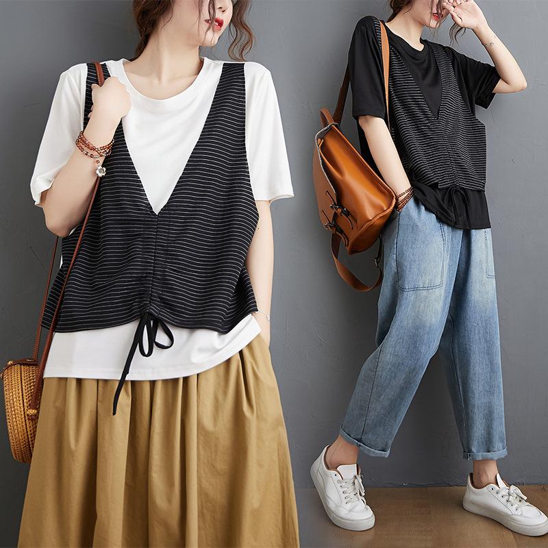 False Two Striped Split-Joint Drawstring T-Shirts