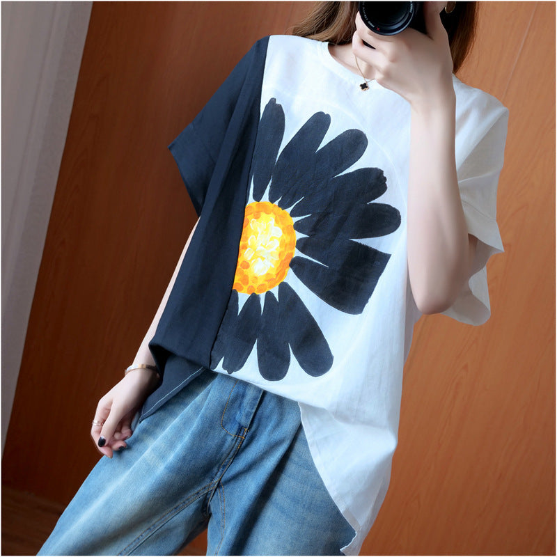 FASHION SPLIT-JOINT FLORAL T-SHIRTS TOPS
