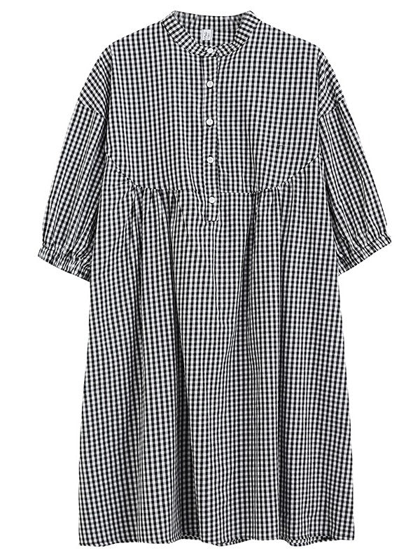 NEW LOOSE PLAID PUFF SLEEVE SHIRT DRESS