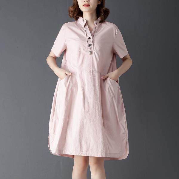 Casual Polo Collar Short Sleeve Knee Length Blue Dress