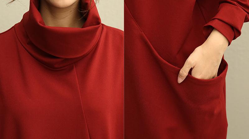 Literature Turtle Neck Long Sleeves Cotton Spandex Red Women Dress
