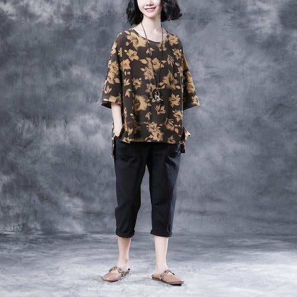 Short Sleeve Summer Flower Cotton Slit Casual Tops