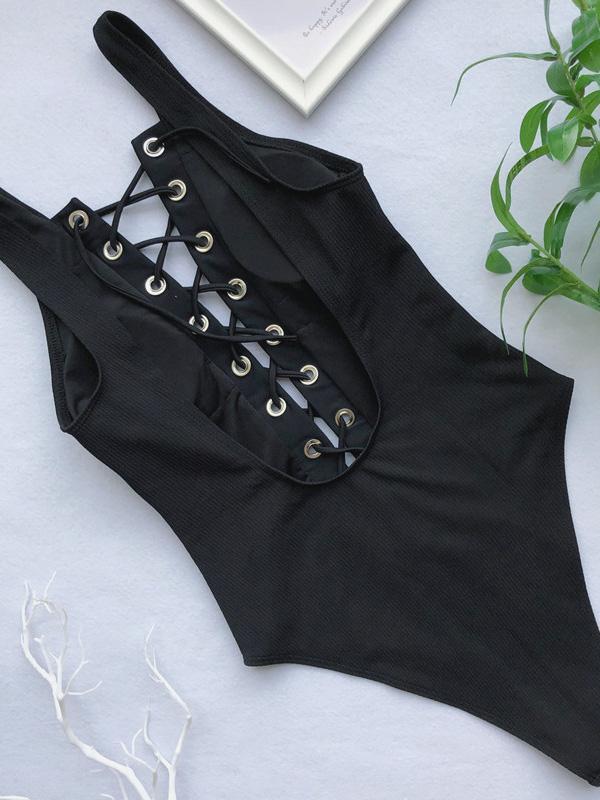 Lace-up Deep-v One-piece Swimwear