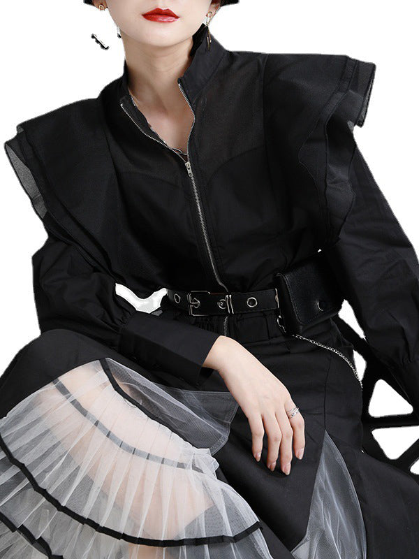 Stylish Solid Color Split-Joint Mesh Falbala Zipper Stand Collar Long Sleeves Outwear