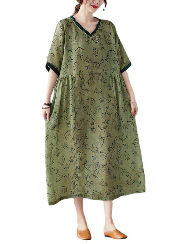 Artistic Retro Contrast Color Floral Printed Midi Dress