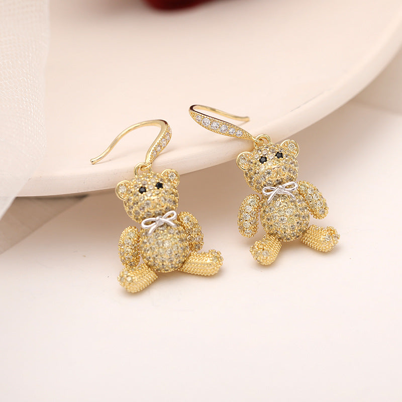 Cute Animal Zircon Bowknot Little Bear Earrings