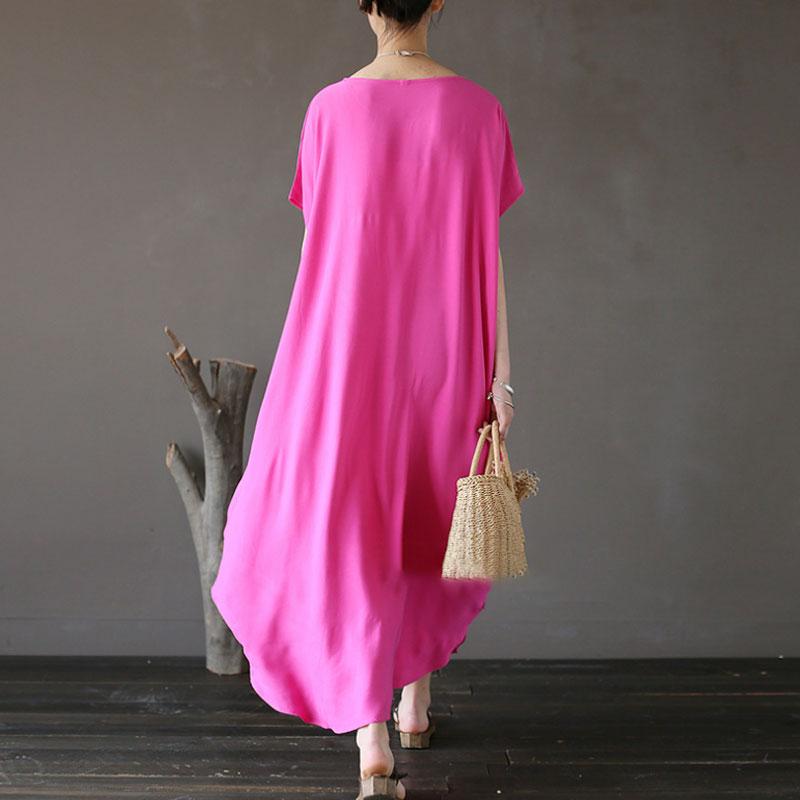 Women Cotton Short Sleeve Plain Pink Loose Dress