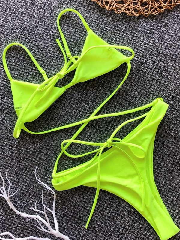 Triangle Top Neon Lace Up Bikini Set