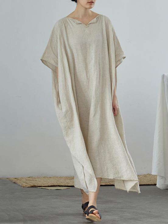 Loose Linen Apricot Split-side Ramie Long Dress