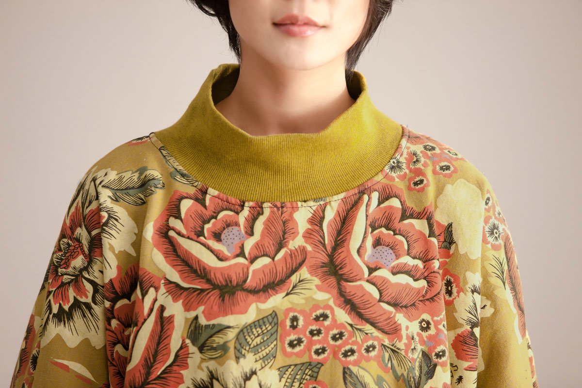Turtle Neck Long Sleeve Floral Printing Women Cotton Dress