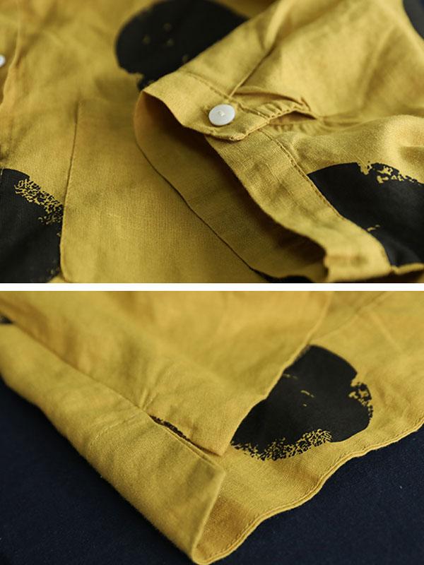 Stand Collar Short Sleeve Loose Cotton Yellow Shirt