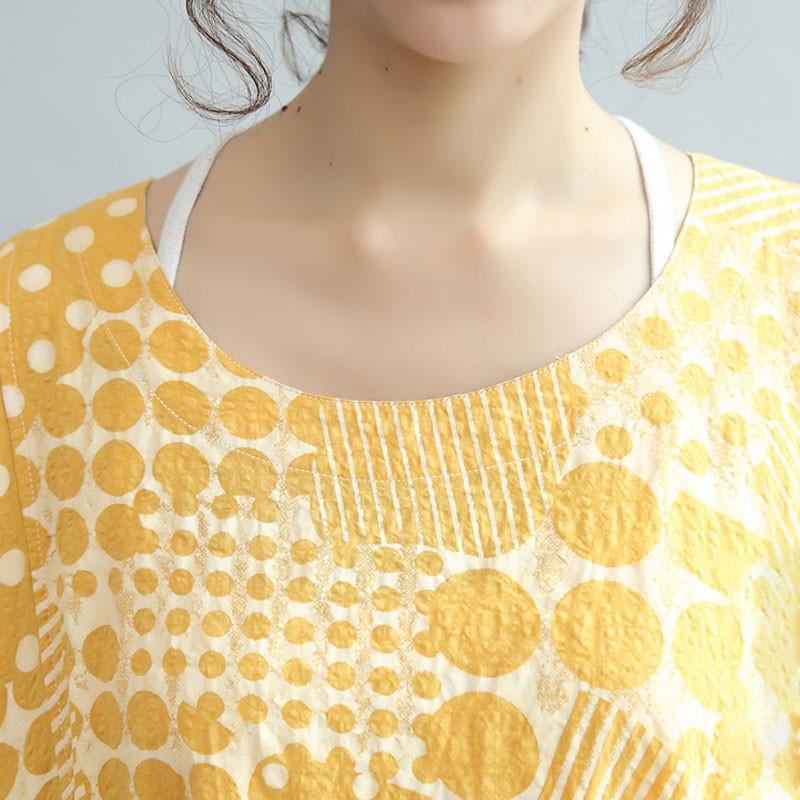 Round Neck Printing Lacing Summer Women Yellow Dress