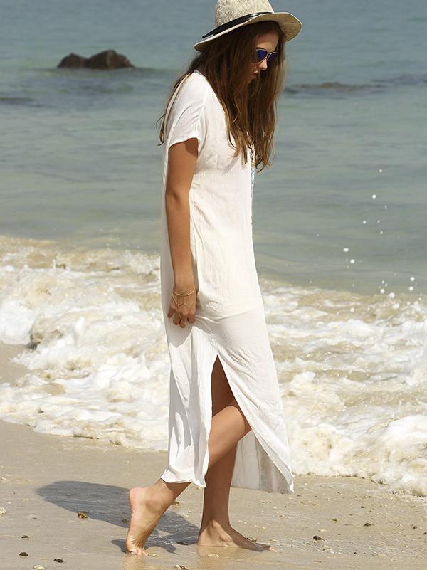 Casual Beach Floral Ornament Long Dress in White Color