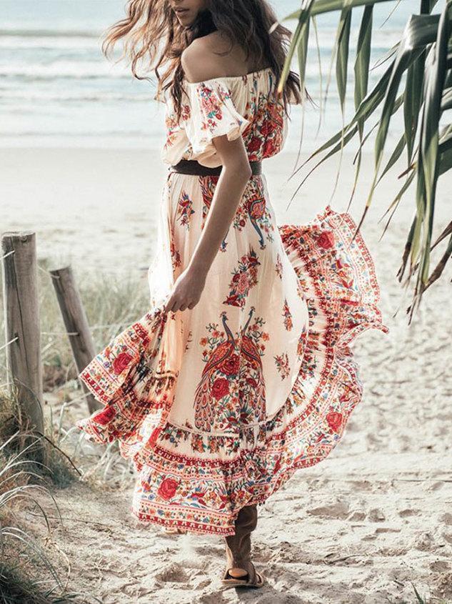 Pretty Bohemia Floral Off Shoulder Short Sleeve Beach Dress Maxi Dress