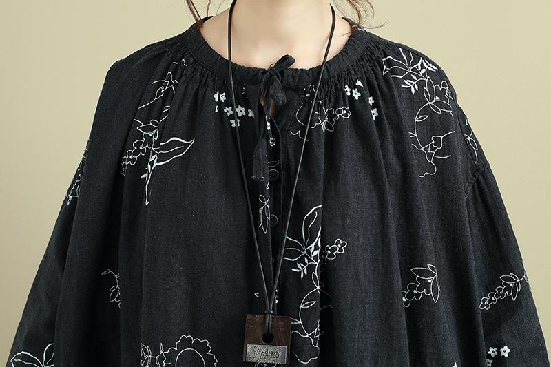 Loose Women Round Neck Printed Linen Lacing Dress