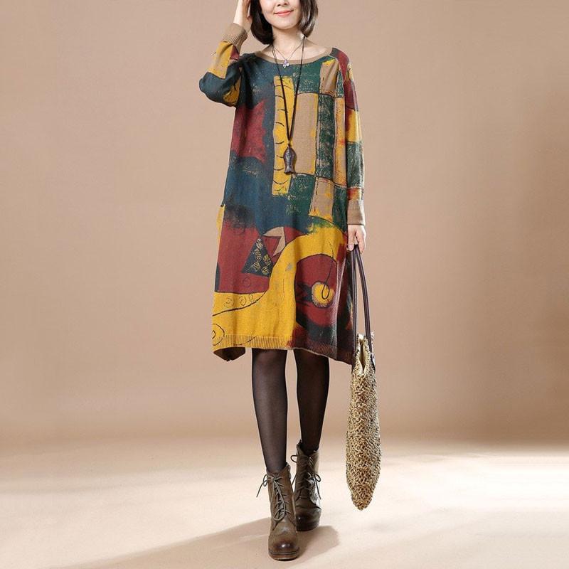 Women Print retro long sleeve dress