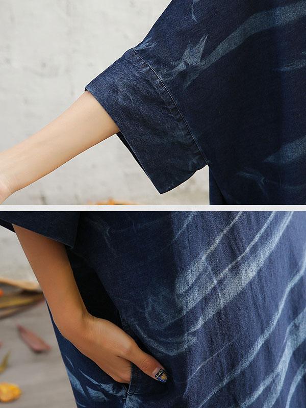 Loose Cotton Linen Women Round Neck Short Sleeve Dress