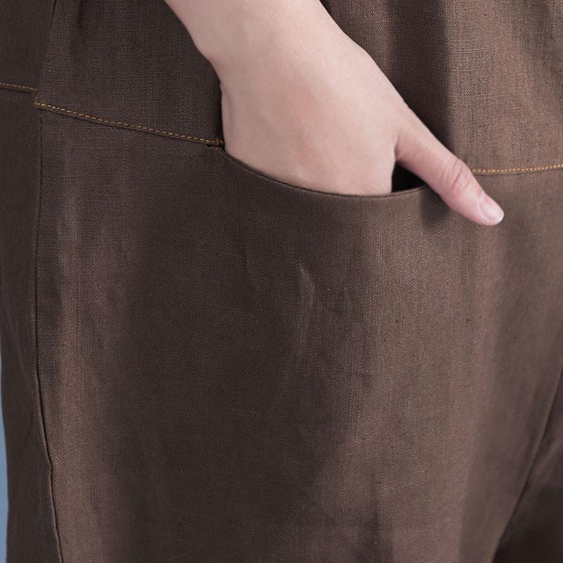 Women Linen Loose Casual Summer Plain Coffee Jumpsuit Pants