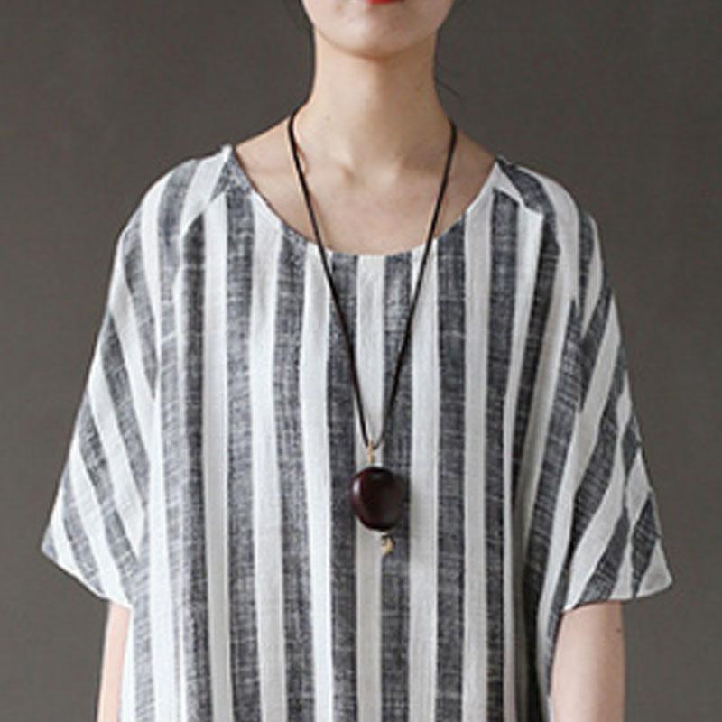 Retro Loose Round Neck Short Sleeve Green Stripe Dress