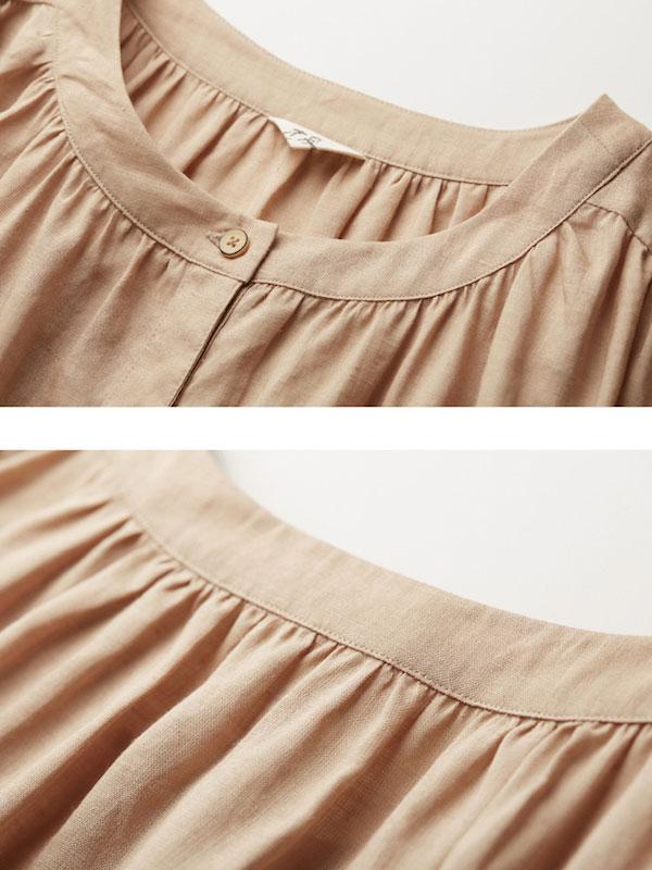 Round Neck Half Sleeve Women Single Breasted Ramie Shirt Dress