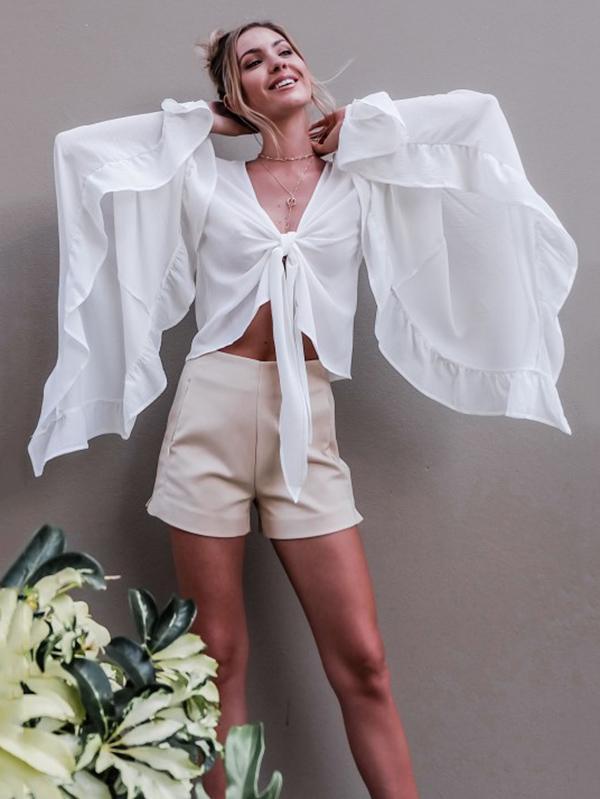 Chiffon Flared Sleeves V-neck Blouse&shirt Tops