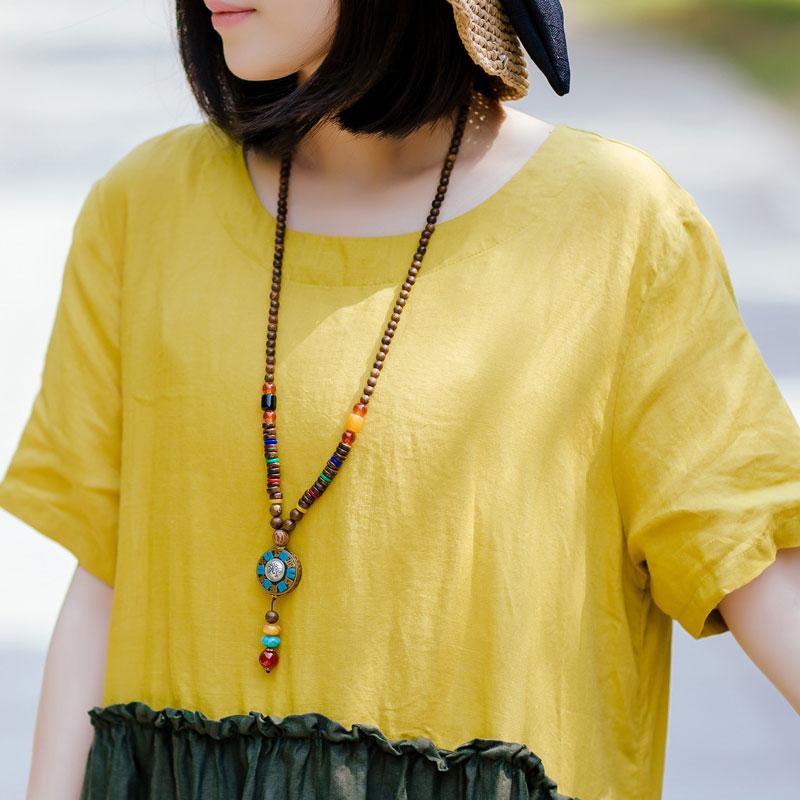 Summer Women Round Neck Short Sleeve Cotton Linen Pleated Dress