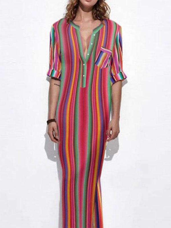 Colorful Striped V-neck Maxi Shirtdress
