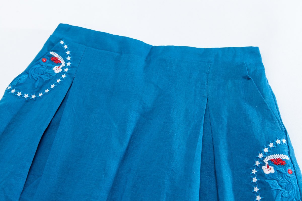 Embroidery Blue Casual Cotton Linen Calf Length Skirt