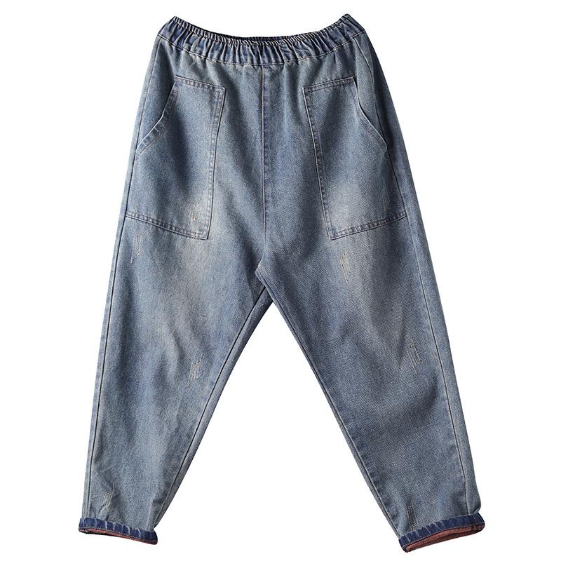 Buykud Classic Solid Color Large Pocket Harem Jeans