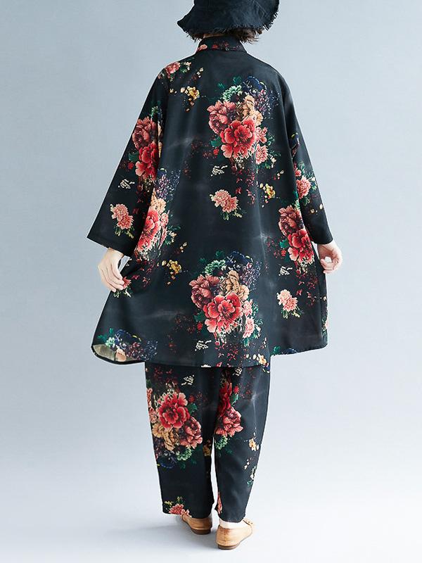 Loose Black Flower Print Lapel Long Sleeves Blouse + Pants Suits