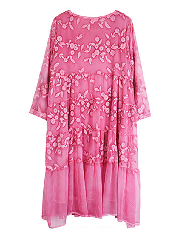 Original Loose Embroidered Solid Color Pleated Midi Dress