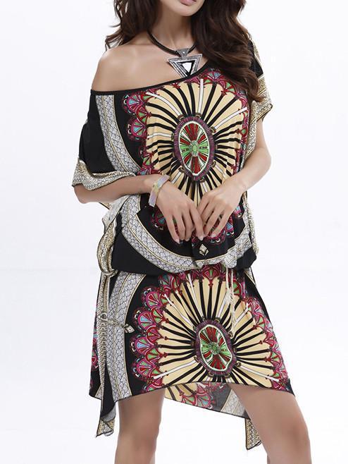 Beautiful Floral-Print Short Bat Sleeve Bohemia Beach Maxi Dress