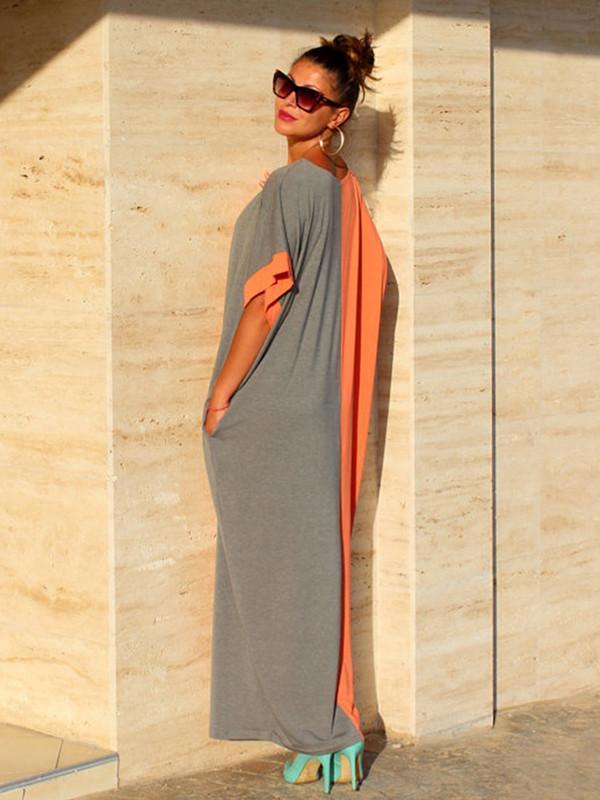 Split Joint Color Round Neck Short Sleeve Loose Maxi Kaftan Dress