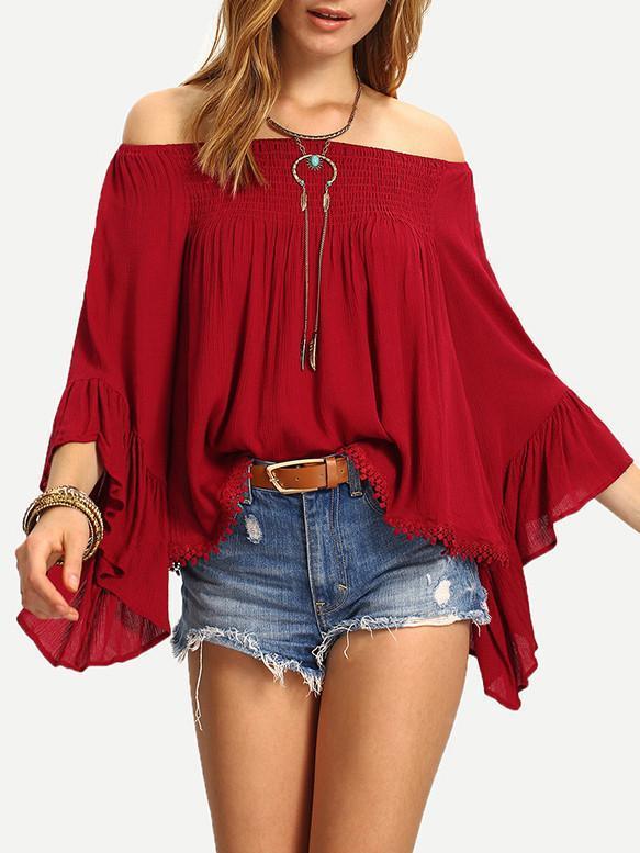 Beautiful Wine-red Falbala Sleeve Off-the-shoulder T-Shirt Tops